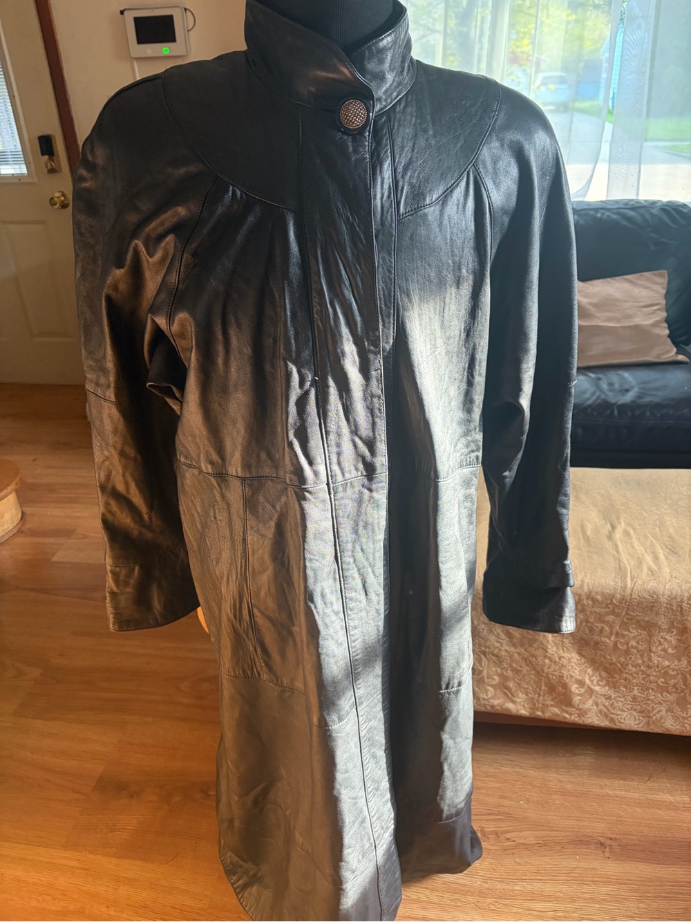 Women's Black Leather Trench Coat with Stand Collar